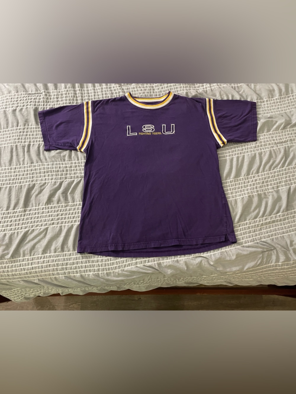 Vintage LSU Purple Tee with Yellow & White Stripe Trim, Embroidered Logo